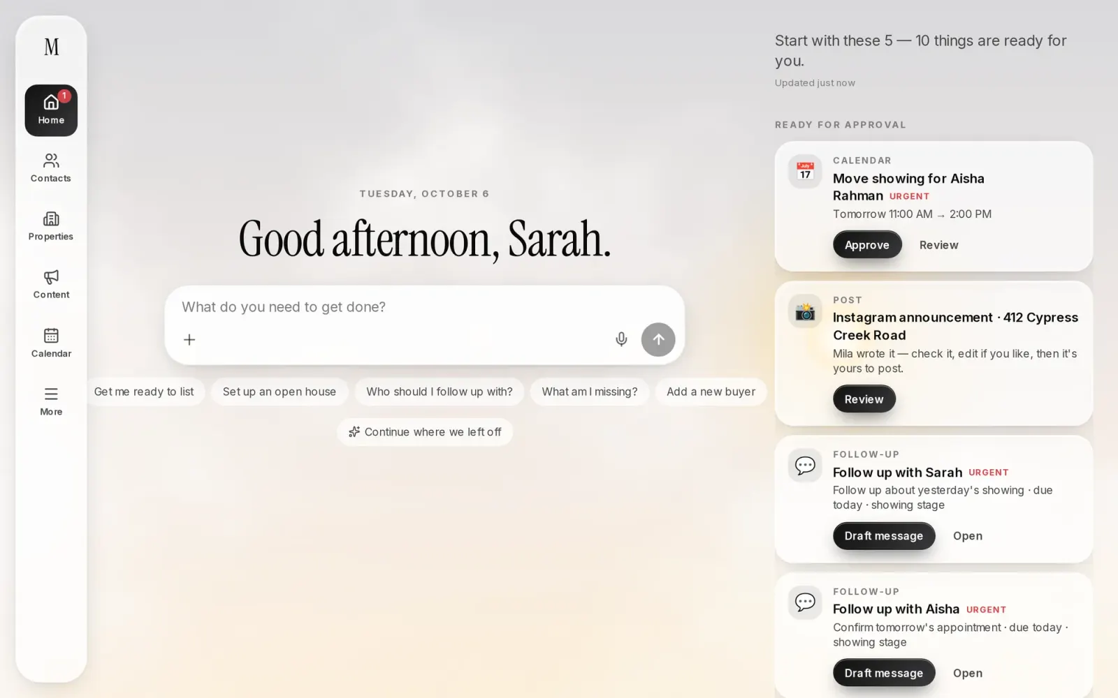 The Mila home screen with a request box and an approval queue