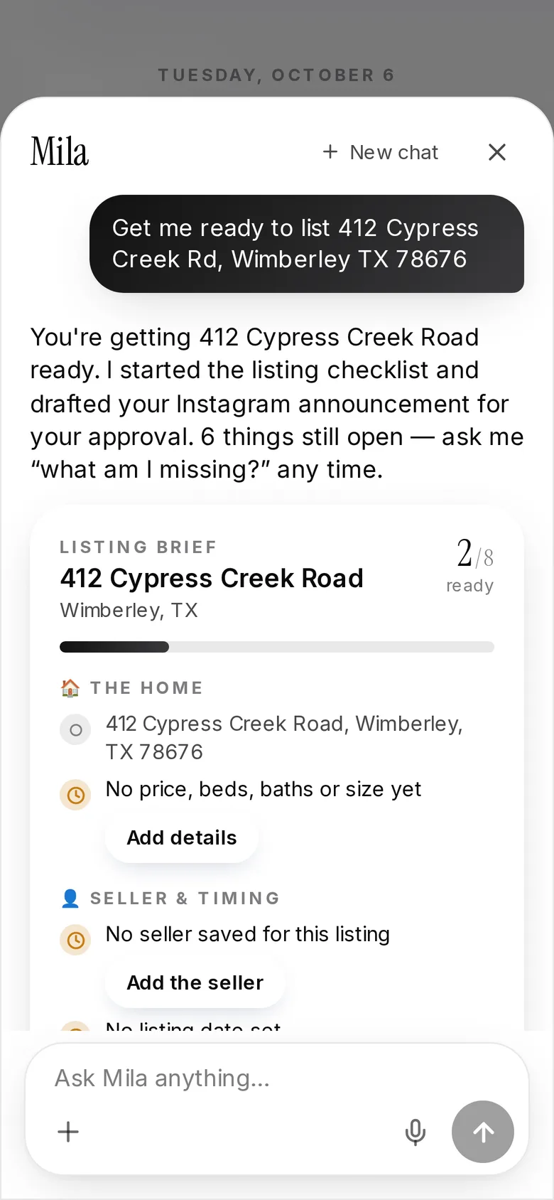 Mila building a listing brief for a Malibu home