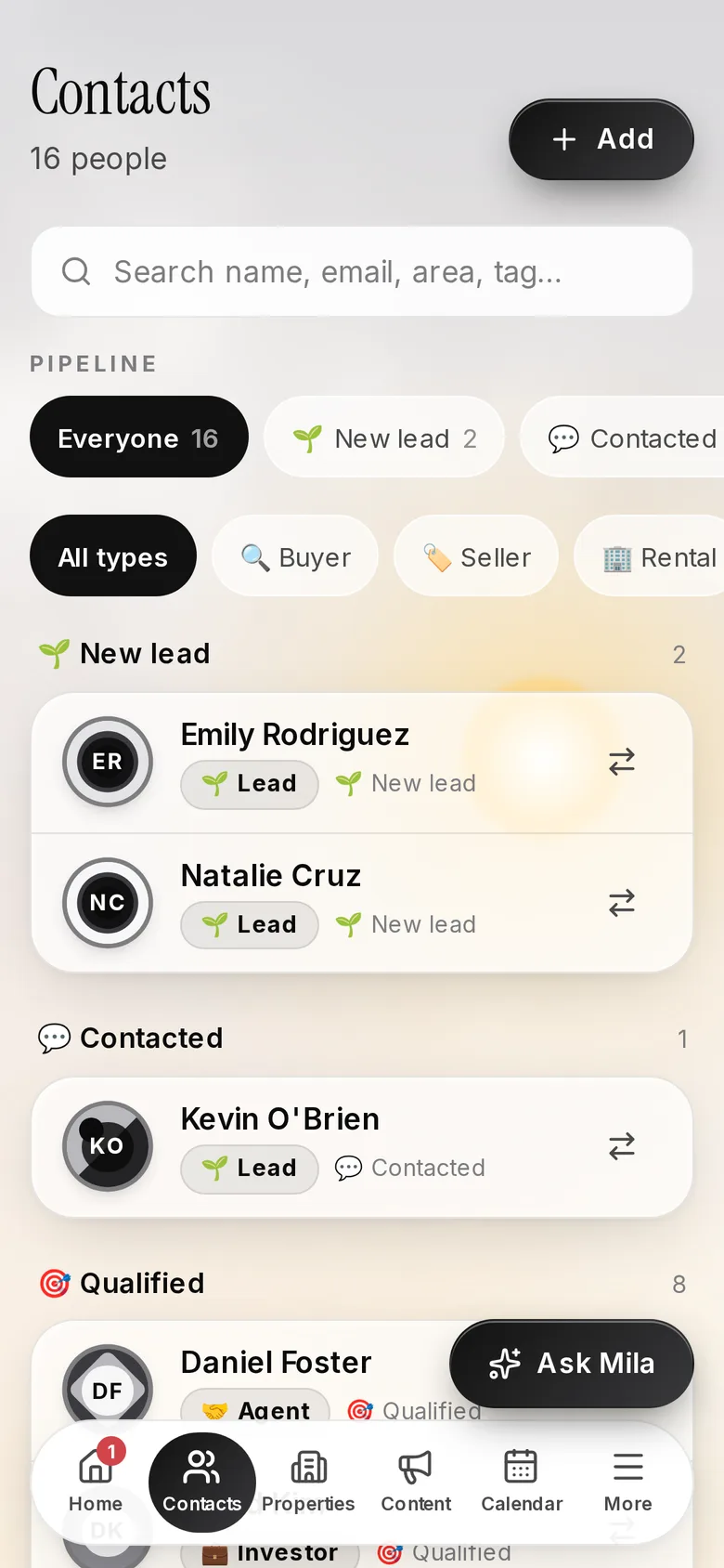 Contacts organized by pipeline stage