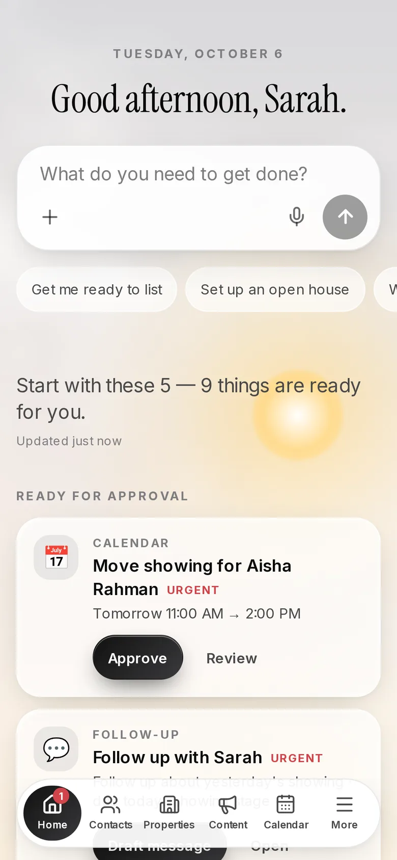 Mila home screen with a request box and suggestions